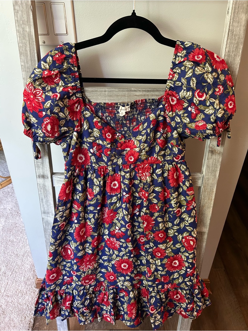 Blu Pepper Navy Dress with Red Floral Print